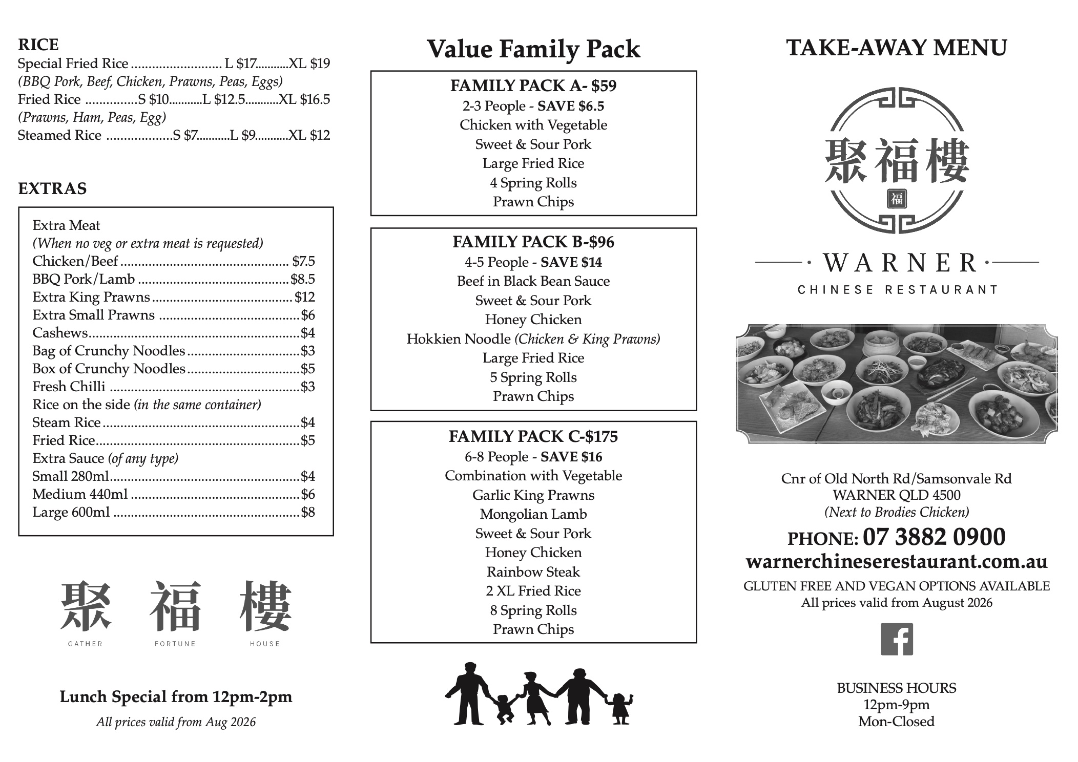 Warner Chinese Restaurant takeaway menu, page 1 — rice, extras, value family packs, opening hours and contact details