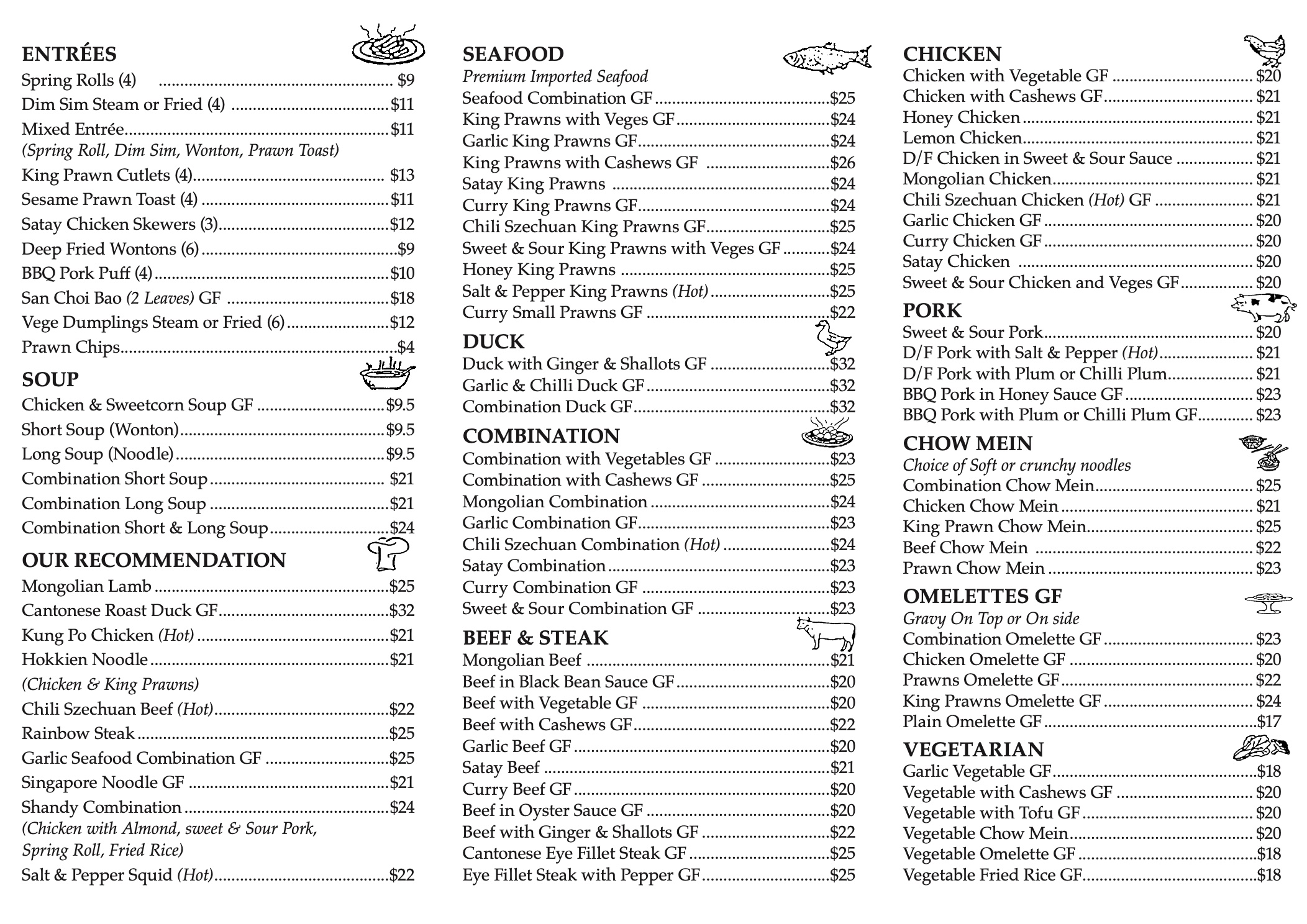 Warner Chinese Restaurant takeaway menu, page 2 — entrées, soup, recommendations, seafood, duck, combination, beef, chicken, pork, chow mein, omelettes and vegetarian