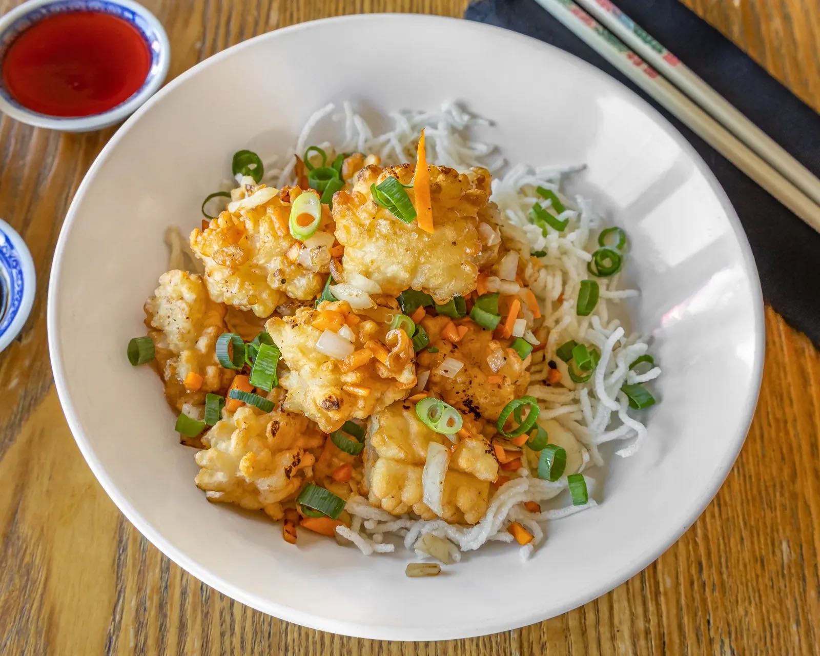 Salt and pepper squid on crispy noodles